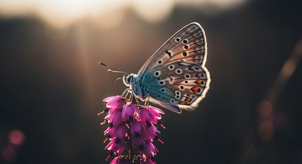 Obraz premium Blue butterfly resting on a pink flower at sunset.
