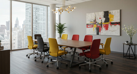 Modern conference room with cityscape view, vibrant chairs, and abstract art inspires collaboration