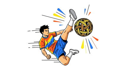 Sepak Takraw Action: A dynamic illustration captures a skilled athlete in mid-air, executing a powerful kick to propel the rattan ball in a thrilling display of athleticism.