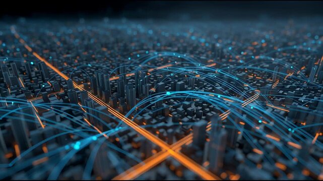 Digital data streams flowing between urban structures, networking technological innovation across smart city skyline, visualizing interconnected digital ecosystem