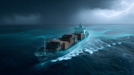 A large ship is sailing through the ocean with a storm in the background. The storm is creating a sense of danger and uncertainty, as the ship navigates through the rough waters