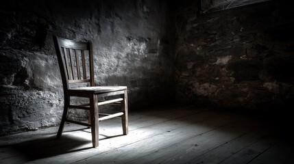 Empty wooden chair in dark room