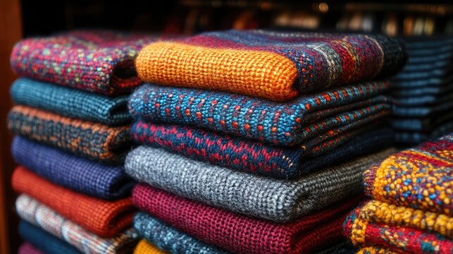 Colorful sweaters stacked in store display