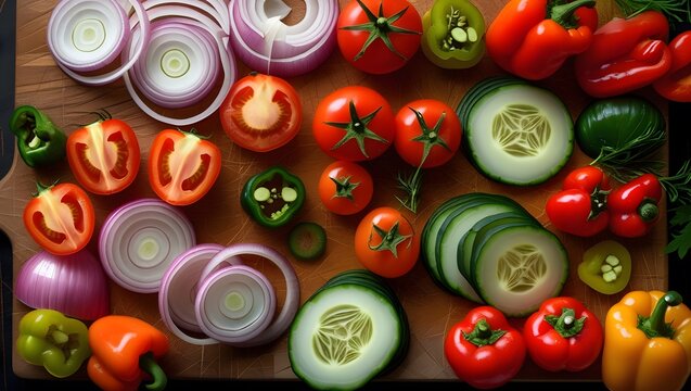 Fresh ripe red tomatoes and peppers with onion and other fresh vegetables on a plate for a healthy vegetarian salad
