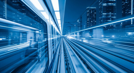 Blurred motion of train at night, city skyline reflected in window, conveying speed, progress, and urban life dynamism