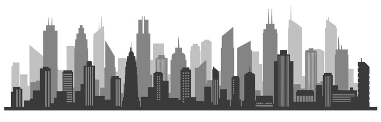 Modern City Skyline Panorama, Urban Landscape, Grayscale Illustration