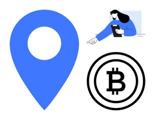 Large blue location marker, Bitcoin cryptocurrency logo, and woman engaging with a tablet. Ideal for navigation, cryptocurrency, digital economy, technology, business, user engagement simple landing
