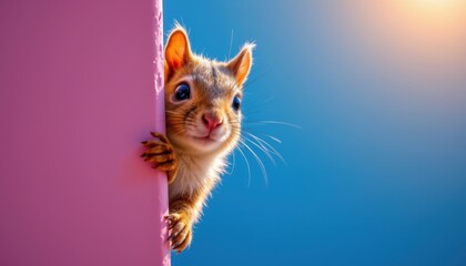 Fototapeta premium A surprised sciurus, cautiously peeking around a sharply angled corner, rendered against a vibrant blue background, The image, created with technology, showcases a soft glow from a dutch angle