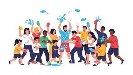 Water Fight Fun: Capturing a moment of pure joy, this illustration shows a diverse group joyfully engaging in a playful water fight, a scene of pure fun and togetherness. 
