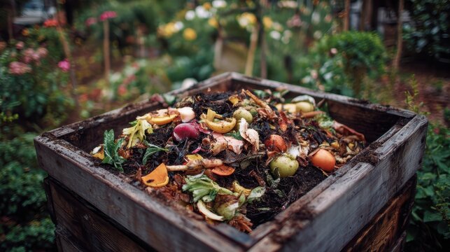 A wooden compost bin filled with decomposing organic matter, set in a lush garden setting.