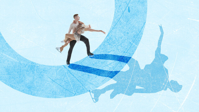 Minimalist collage. Figure skating pair performing lift with dynamic shadows on ice. Concept of partnership, trust, artistry, winter sport, determination, athleticism, elegance, and performance.