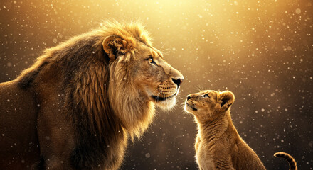 Majestic lion and cub gaze upwards bathed in warm golden light and falling particles