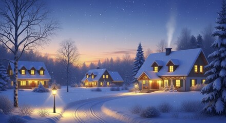 Cozy Winter Wonderland Village at Dusk with Snow-Covered Houses, Twinkling Lights, and a Serene Snowy Path