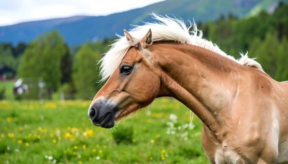 Obraz premium A light-brown horse in a field, with mountains in the background