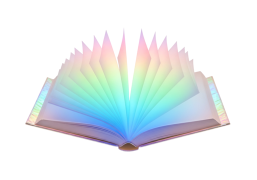 A vibrant, rainbow-hued book lies open, its pages displaying iridescent colors.