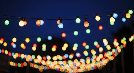 Colorful String Lights with Bokeh Effect Against a Deep Blue Night Sky, Creating a Festive and Lively Outdoor Ambiance
