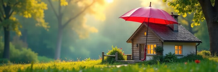 A family's home, safely protected under a symbolic umbrella, representing the security and peace of mind provided by comprehensive insurance coverage , comprehensive insurance, premium