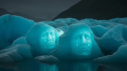 Ice sculptures of sorrowful faces amidst glaciers