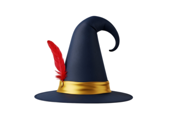 A regal navy blue witch's hat, adorned with a vibrant red feather and a golden band, stands out against a stark black backdrop.