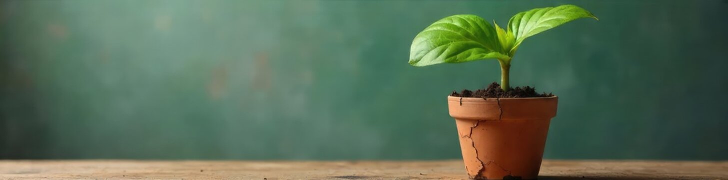 A humorous shot of a comically oversized plant sprouting from a tiny pot, defying gravity and expectations  The vibrant green leaves contrast with the small, cracked container ,  plant,  comical