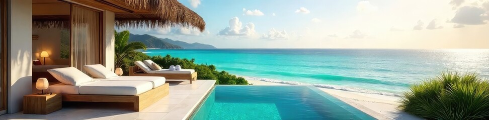 Fototapeta premium A lavish suite overlooking a pristine beach, complete with a private plunge pool and breathtaking ocean views Perfect for a romantic getaway , luxury, elegance, romantic getaway