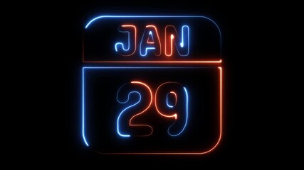 January twenty ninth neon calendar date glowing vibrant blue and orange light effect on black background digital
