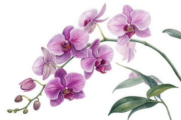 Fototapeta premium Delicate pink orchids bloom gracefully on a with subtle green leaves transparent background