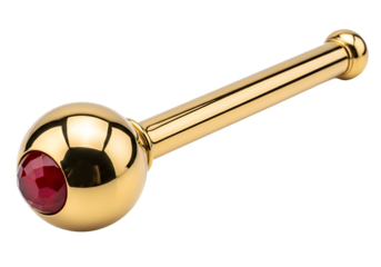 Polished gold rod with a brilliant red gemstone accents a decorative fixture.