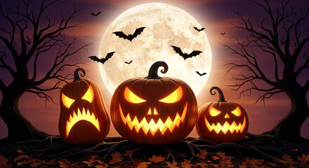 Three illuminated jack-o'-lanterns sit before a full moon, bare trees, and bats, creating a spooky Halloween scene perfect for autumnal celebrations or themed designs