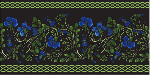 Vector floral seamless border pattern from hand painted periwinkle flowers and woven frieze on a black background