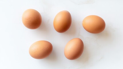 Fresh brown eggs neatly arranged on a white surface, showcasing simplicity and natural beauty.