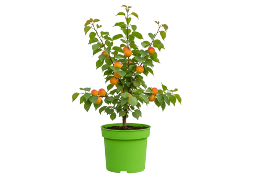 A small apricot tree in a vibrant green pot stands out against a plain black background, displaying ripe apricots and lush green foliage. - Powered by Adobe