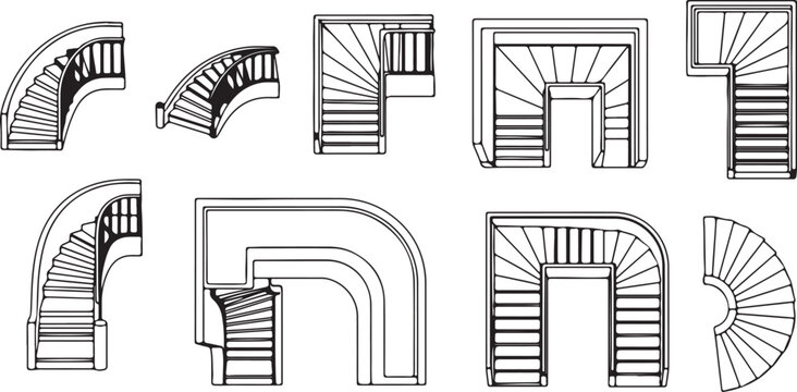 Collection of architectural drawings of various staircase designs