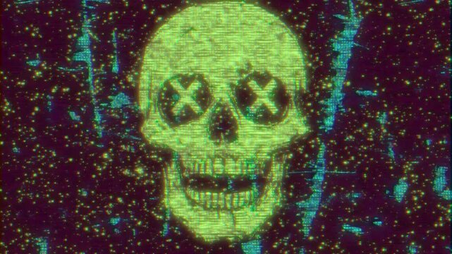 A glitching, pixelated skull with a digital noise effect, embodying a retro futuristic, cyberpunk aesthetic