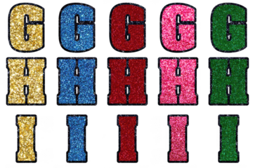 Colorful retro alphabet letters g h i in glittery textured style displayed row by row transparent background