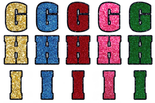 Colorful retro alphabet letters g h i in glittery textured style displayed row by row transparent background - Powered by Adobe
