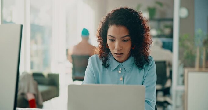 Typing, computer and research with business woman in office for web designer, planning and laptop. Homepage layout, project and creative with frontend developer or person in tech startup for update