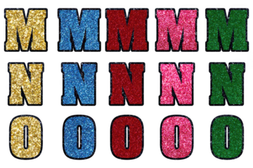 Vibrant alphabet letters m n o in multiple glittering colors for creative design projects transparent background
