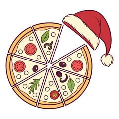 A colorful vector illustration of a tasty Italian pizza with strawberries, cheese, and pepperoni