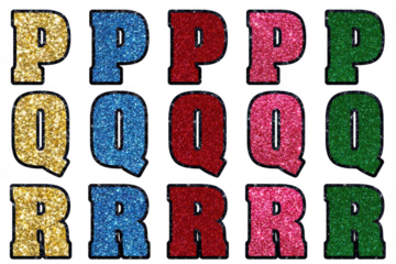 Colorful glittering letters p q r displayed in a grid pattern for alphabet and design projects transparent background