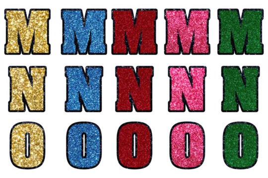 Vibrant alphabet letters m n o in multiple glittering colors for creative design projects transparent background