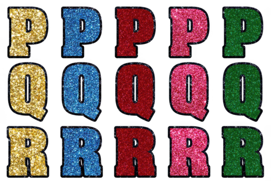 Colorful glittering letters p q r displayed in a grid pattern for alphabet and design projects transparent background