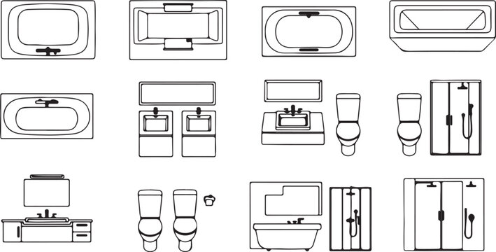 Collection of bathroom fixture line drawings and floor plan layouts