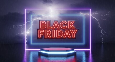 Striking 'Black Friday' Neon Sign on Futuristic Podium Amidst Dramatic Lightning Storm and Rain