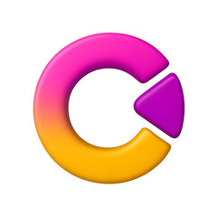 A vibrant 3D rendered circular icon with a gradient of pink, purple, and orange, featuring a play button-like segment, resembling a stylized letter C or a pie chart.