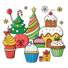 Cute vector illustration of a sweet dessert set including Christmas cakes and cupcakes