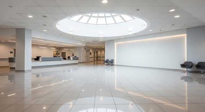 Modern office lobby interior with reception desk.