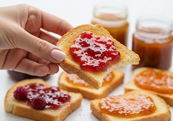 手が赤いジャムを塗ったトーストを持つ写真