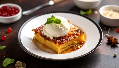 Creamy, golden dessert with ice cream