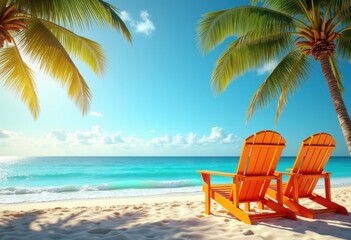 vibrant beach chairs relaxing coastal view tropical ocean serenity sand, umbrella, decks, shoreline, waterfront, lounge, sunbathing, holiday, surf, landscape